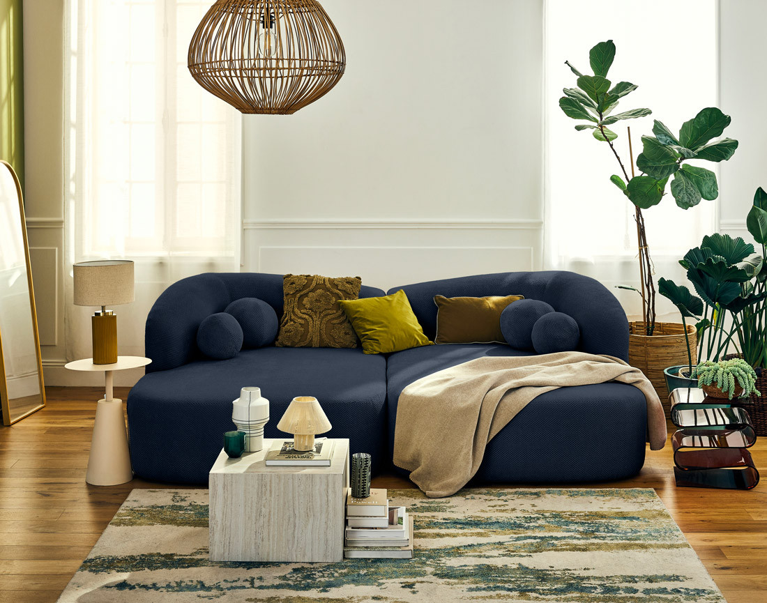 Canapé droit 4 places avec double méridienne en velours texturé Charles