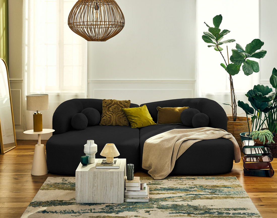 Canapé droit 4 places avec double méridienne en velours texturé Charles Canapé droit 4 places avec double méridienne en velours texturé Charles