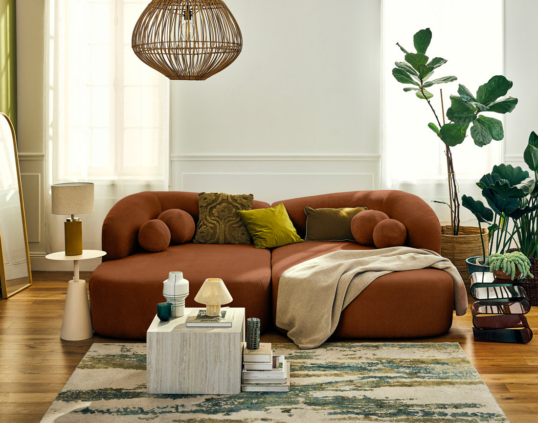 Canapé droit 4 places avec double méridienne en velours texturé Charles