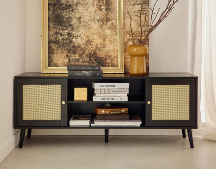 Meuble TV noir et cannage 2 portes et 2 niches 140 cm Goto