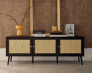 Meuble TV noir et cannage 3 portes 167 cm Goto