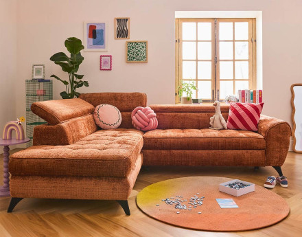 Canapé d'angle gauche convertible avec coffre en velours texturé Marlo