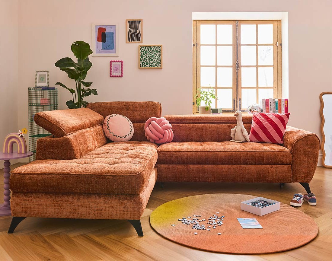 Canapé d'angle gauche convertible avec coffre en velours texturé Marlo