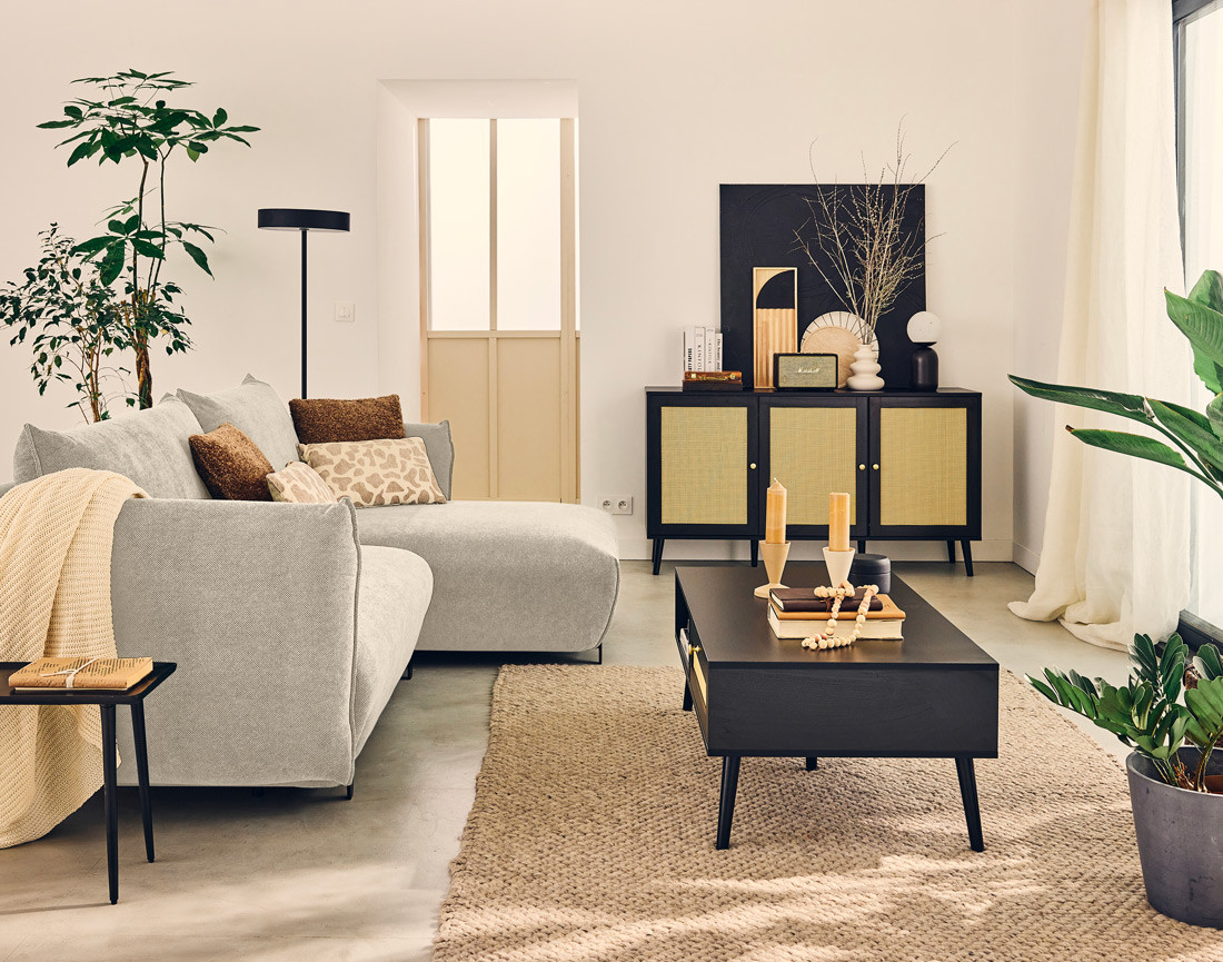 Canapé d'angle droit 4 places convertible avec coffre en tissu Gianni Canapé d'angle droit 4 places convertible avec coffre en tissu Gianni