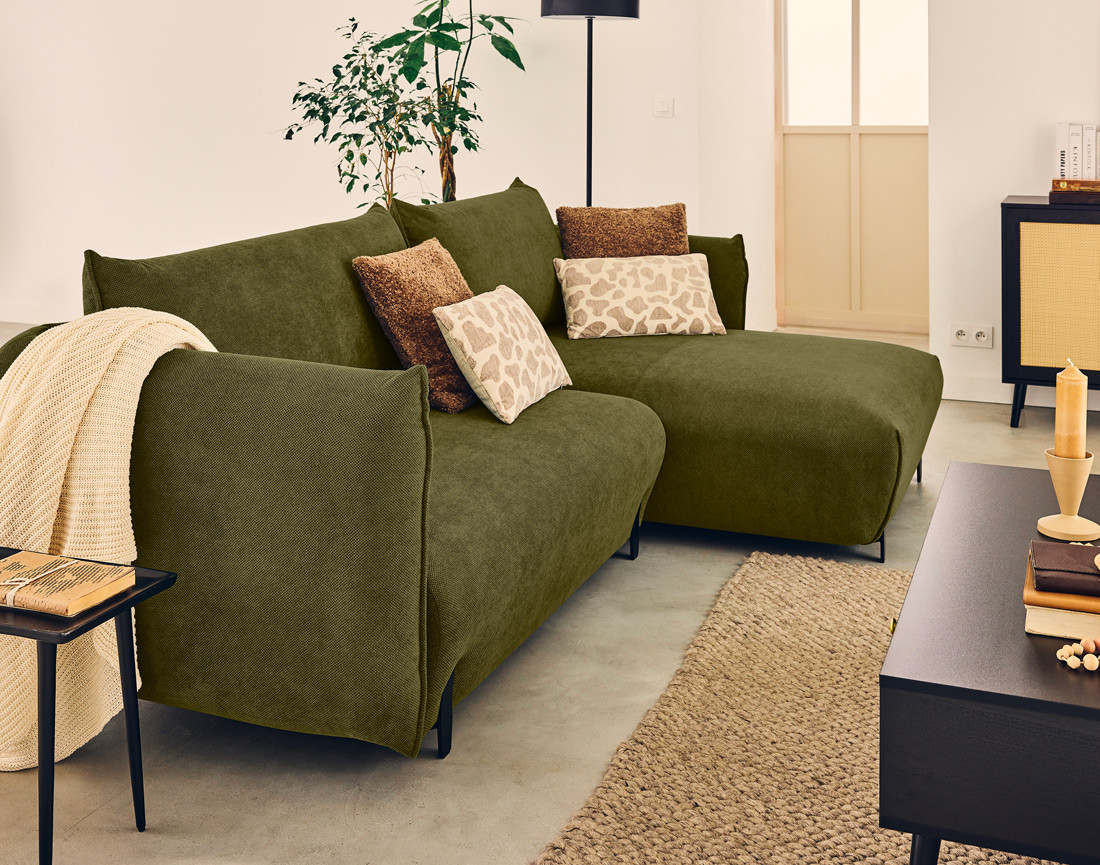 Canapé d'angle droit 4 places convertible avec coffre en tissu Gianni