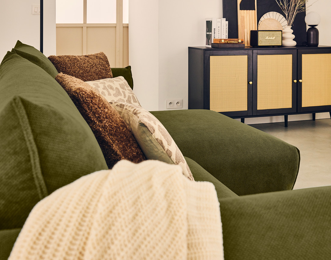 Canapé d'angle droit 4 places convertible avec coffre en tissu Gianni