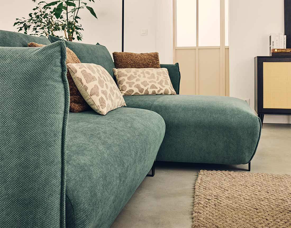 Canapé d'angle droit 4 places convertible avec coffre en tissu Gianni