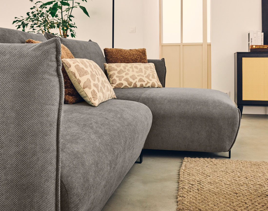 Canapé d'angle droit 4 places convertible avec coffre en tissu Gianni