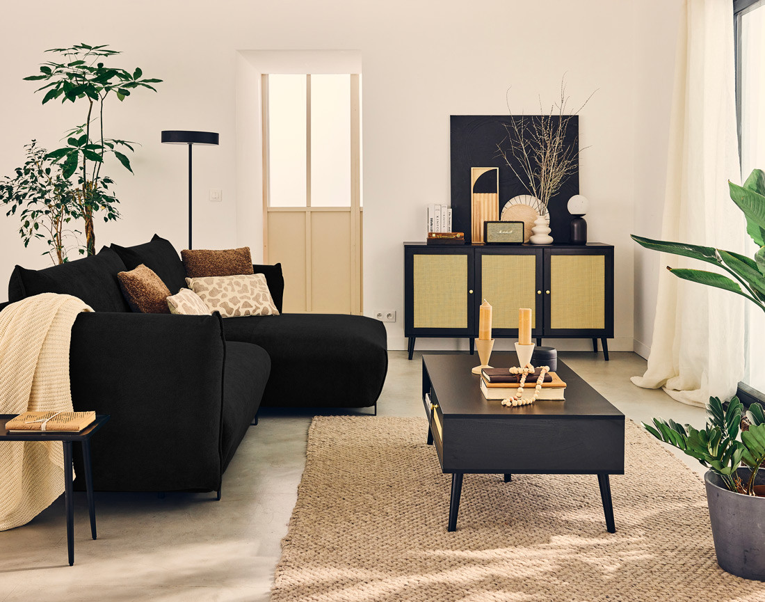 Canapé d'angle droit 4 places convertible avec coffre en tissu Gianni Canapé d'angle droit 4 places convertible avec coffre en tissu Gianni