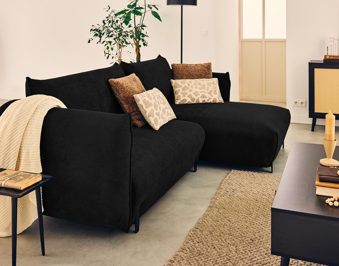 Canapé d'angle droit 4 places convertible avec coffre en tissu Gianni Canapé d'angle droit 4 places convertible avec coffre en tissu Gianni