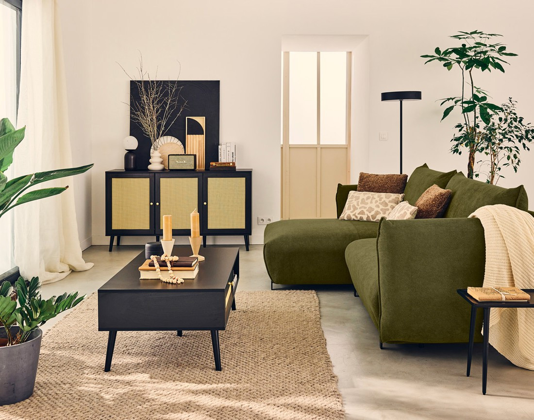 Canapé d'angle gauche 4 places convertible avec coffre en tissu Gianni