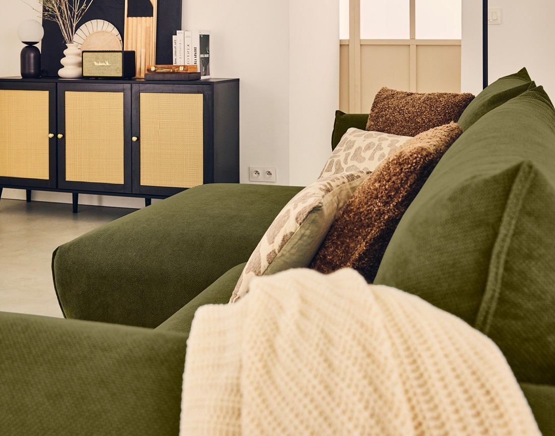 Canapé d'angle gauche 4 places convertible avec coffre en tissu Gianni