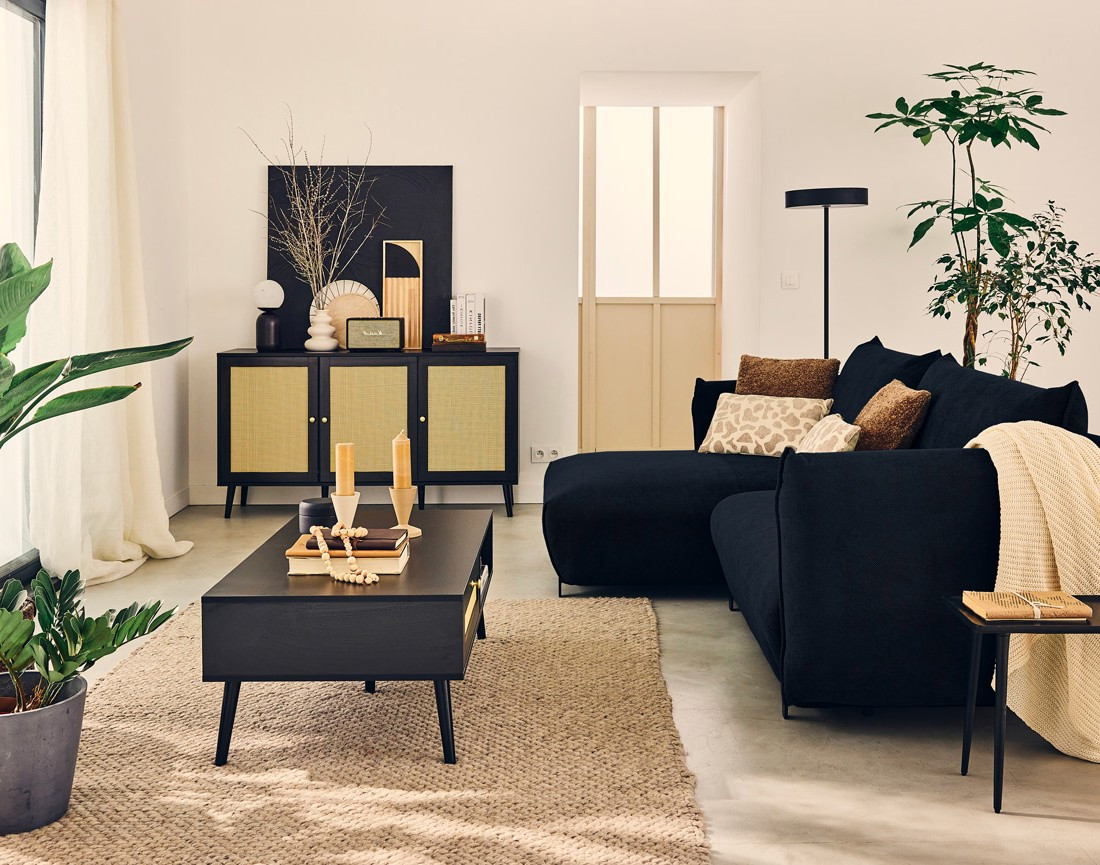 Canapé d'angle gauche 4 places convertible avec coffre en tissu Gianni