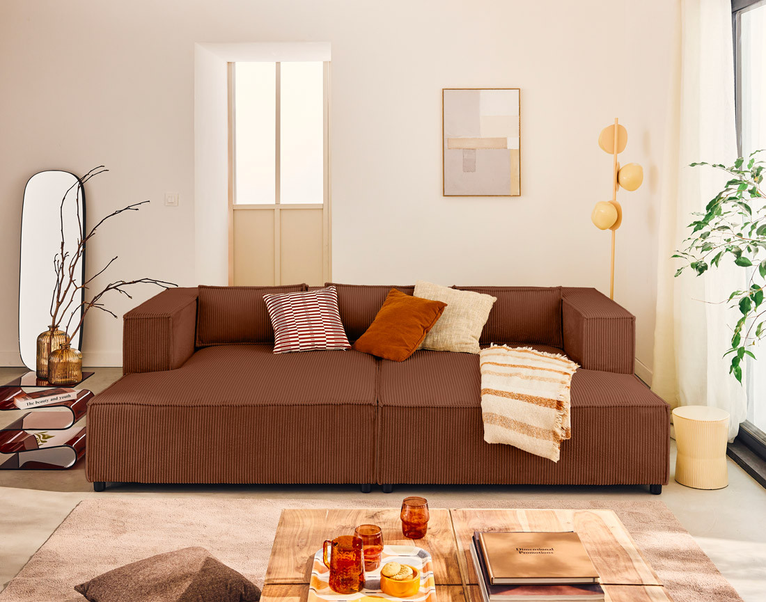 Canapé droit 3 places avec double méridienne - assise profonde - en velours côtelé Stella