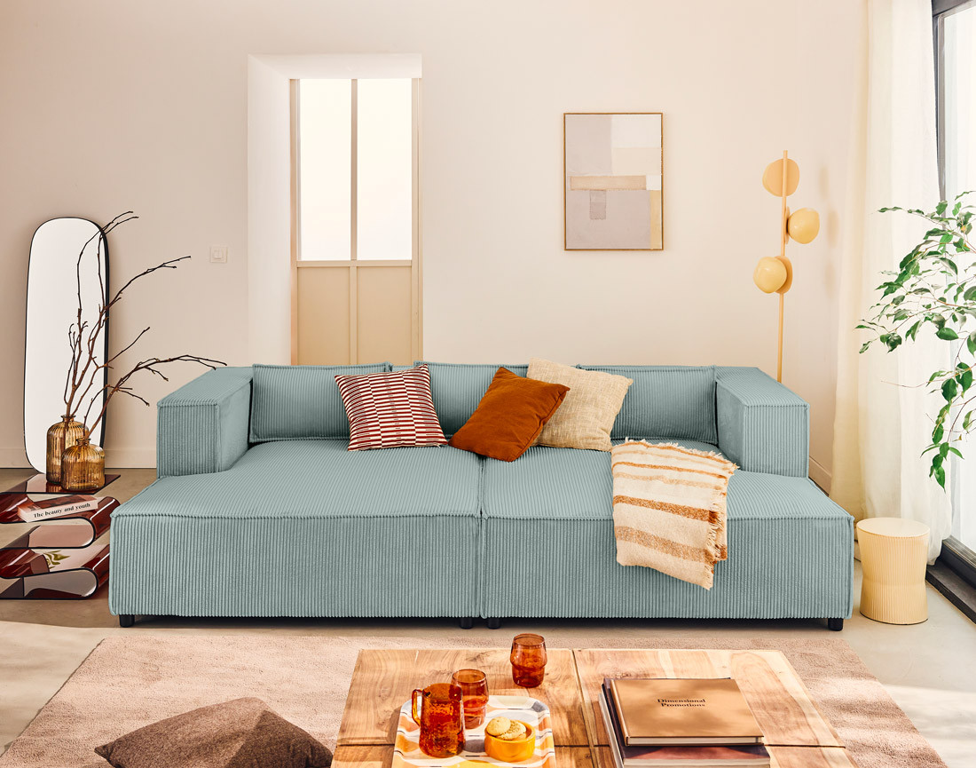 Canapé droit 3 places avec double méridienne - assise profonde - en velours côtelé Stella