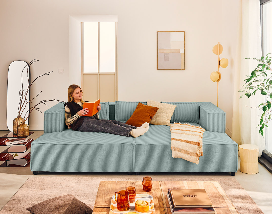 Canapé droit 3 places avec double méridienne - assise profonde - en velours côtelé Stella