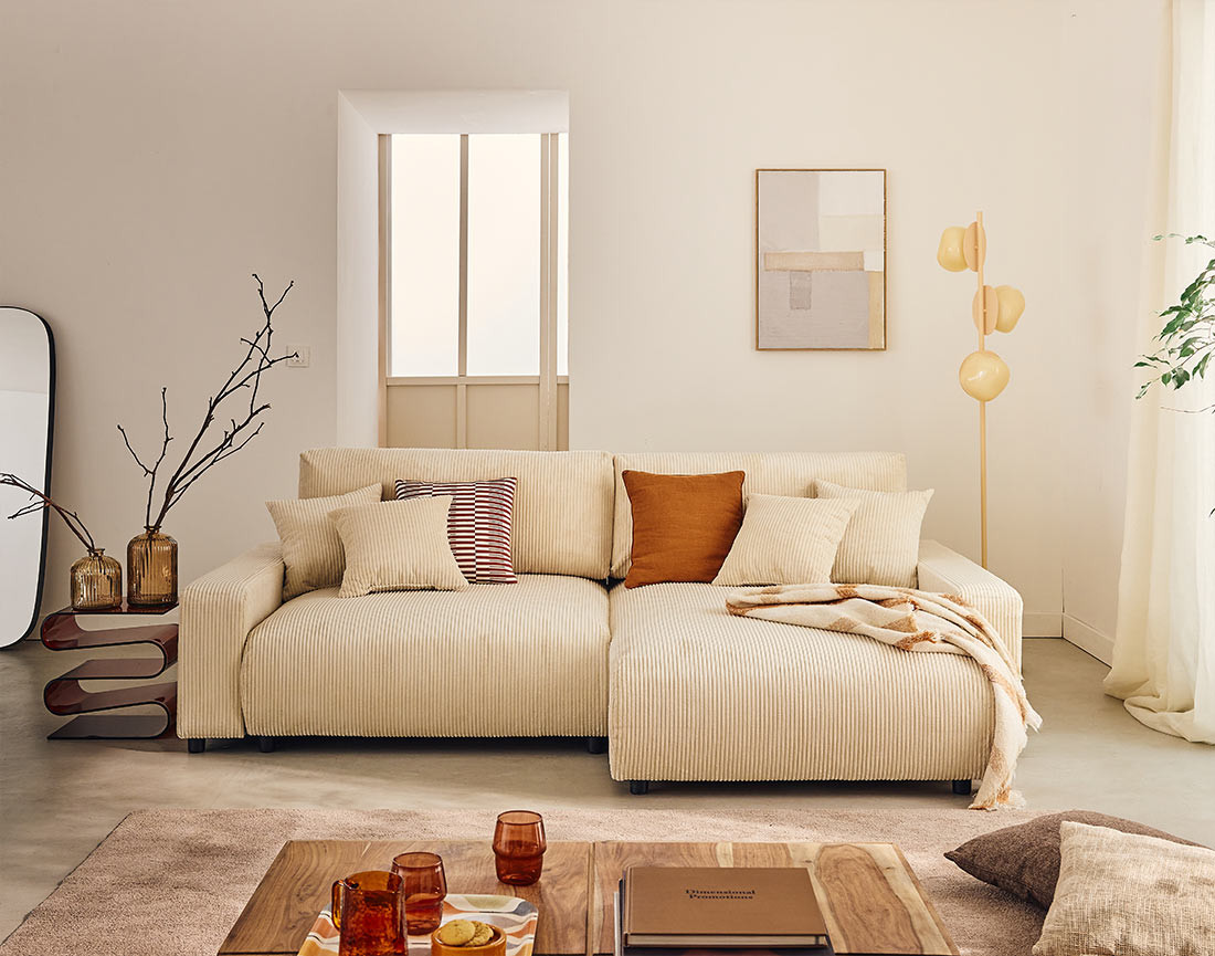 Canapé d'angle réversible 4 places convertible avec deux coffres en velours côtelé Pivoine Canapé d'angle réversible 4 places convertible avec deux coffres en velours côtelé Pivoine