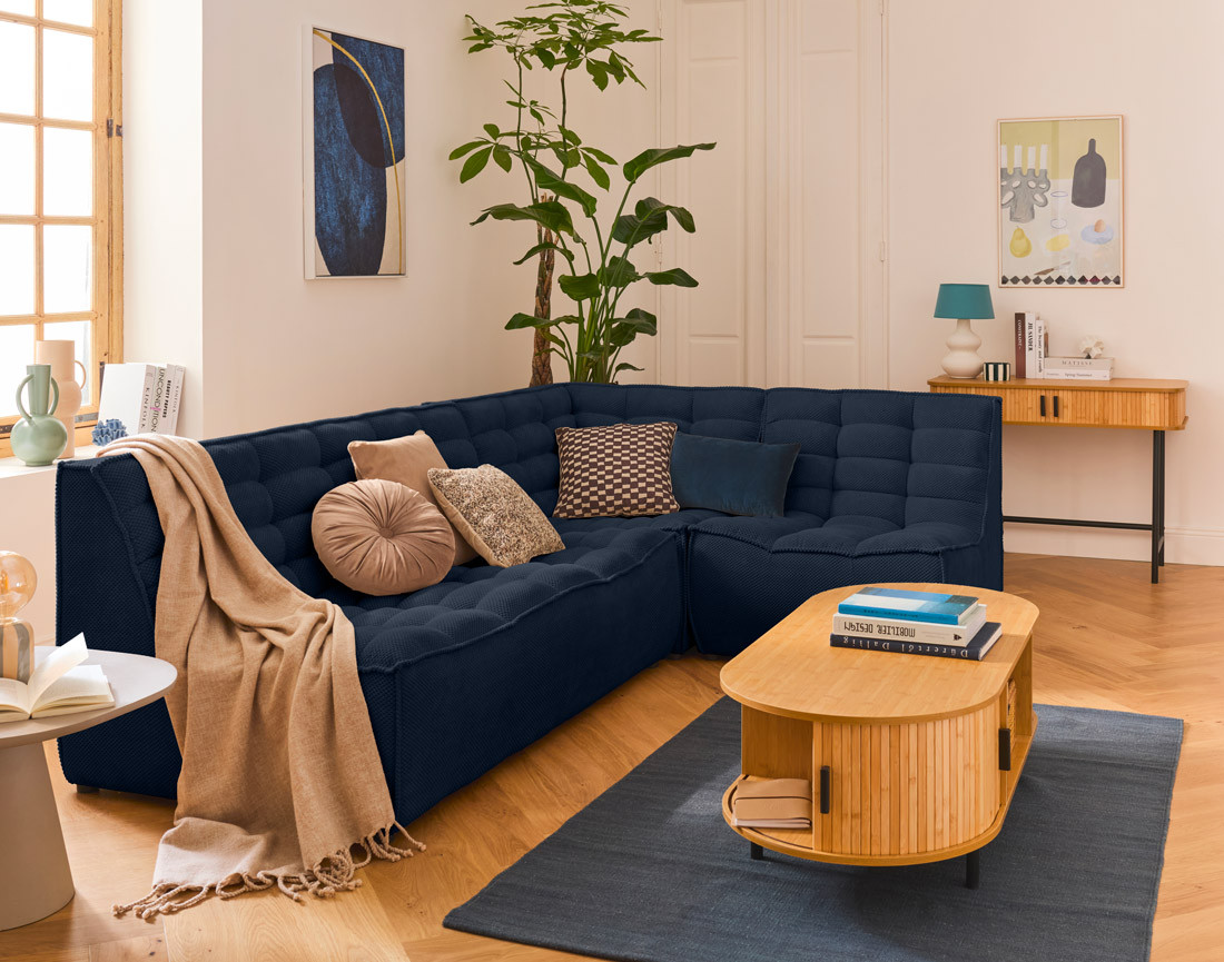 Canapé modulable d'angle réversible 4 places en velours texturé Ellie