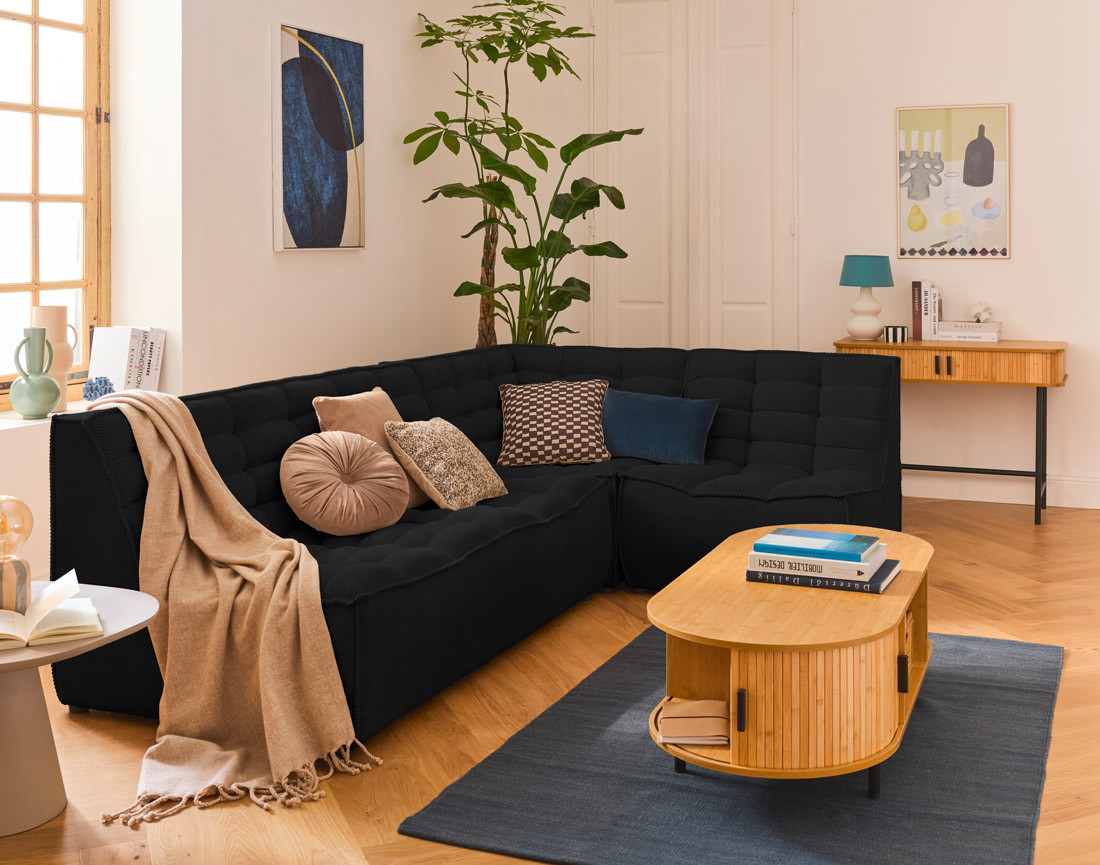 Canapé modulable d'angle réversible 4 places en velours texturé Ellie Canapé modulable d'angle réversible 4 places en velours texturé Ellie