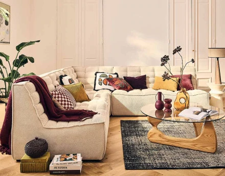 Canapé modulable d'angle réversible 5 places en velours texturé Ellie