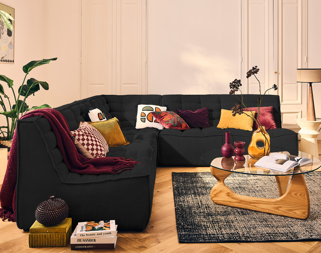 Canapé modulable d'angle réversible 5 places en velours texturé Ellie Canapé modulable d'angle réversible 5 places en velours texturé Ellie