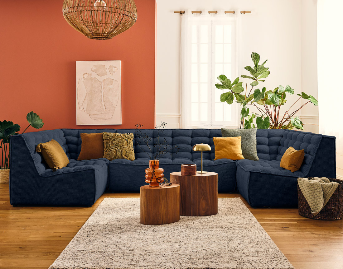 Canapé modulable panoramique 7 places en velours texturé Ellie