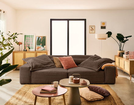 Canapé droit 3 places avec double méridienne en fausse fourrure côtelée Richie