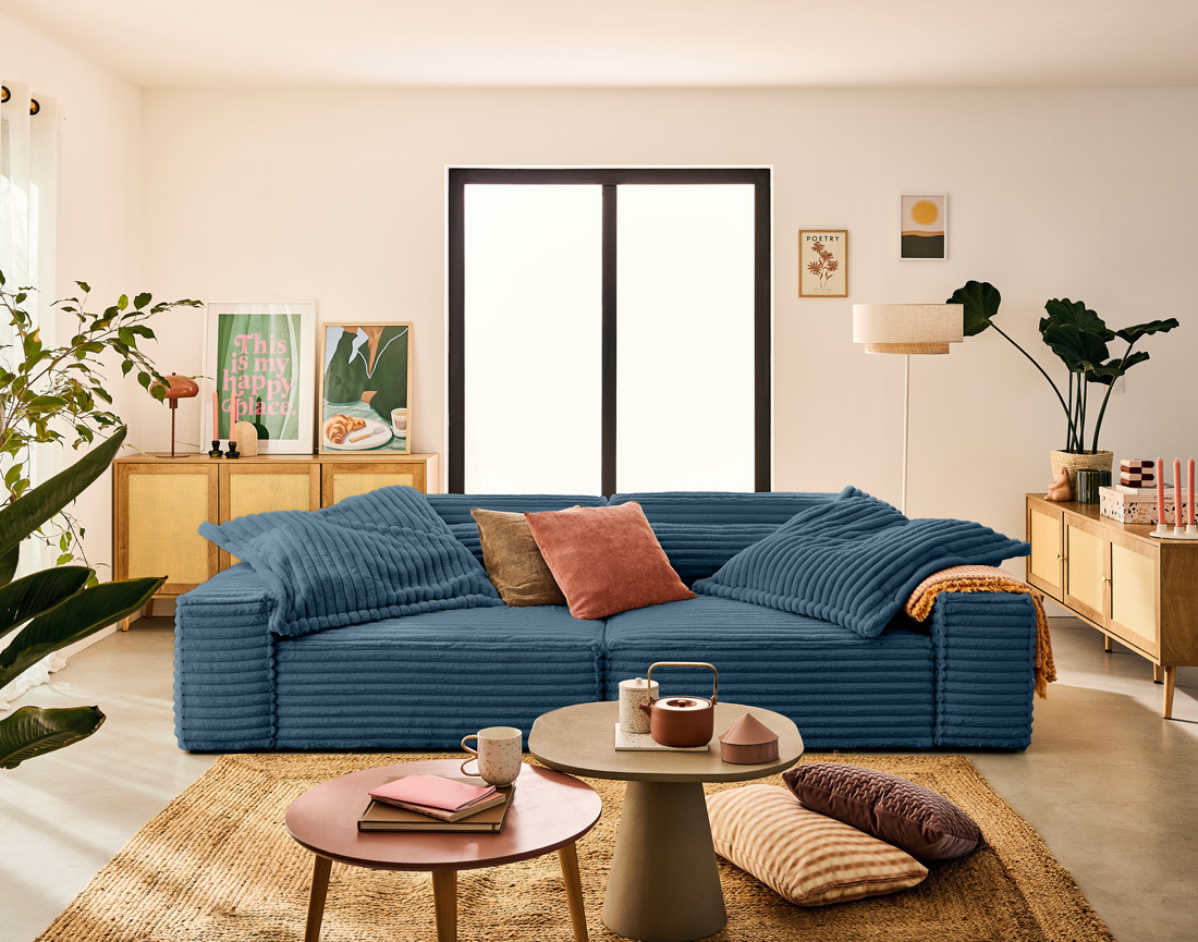 Canapé droit 3 places avec double méridienne en fausse fourrure côtelée Richie