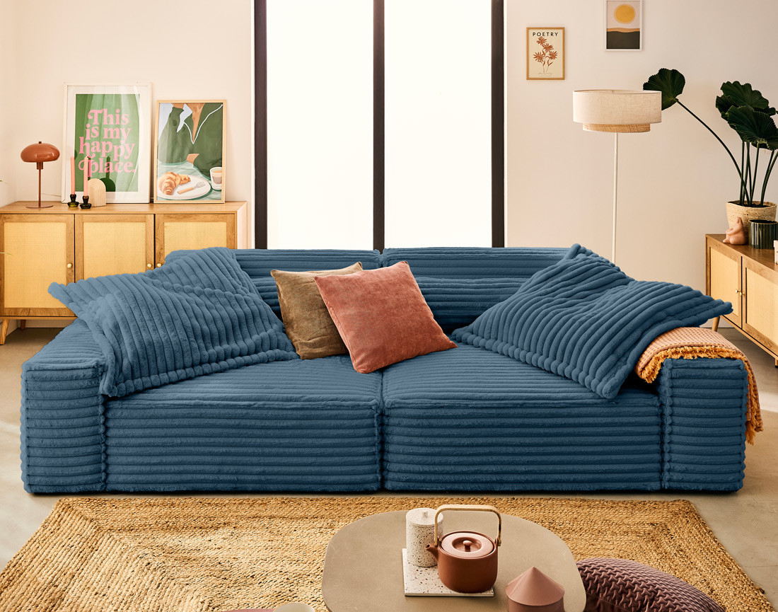 Canapé droit 3 places avec double méridienne en fausse fourrure côtelée Richie