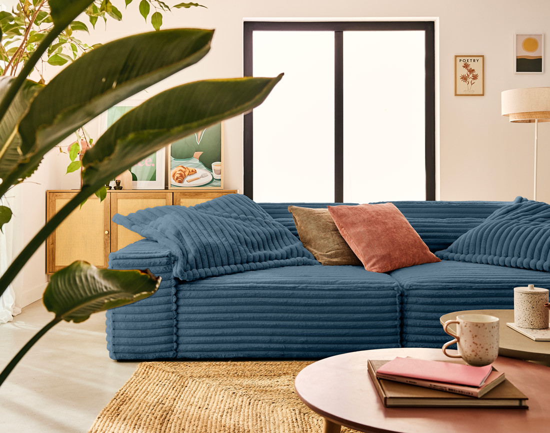 Canapé droit 3 places avec double méridienne en fausse fourrure côtelée Richie