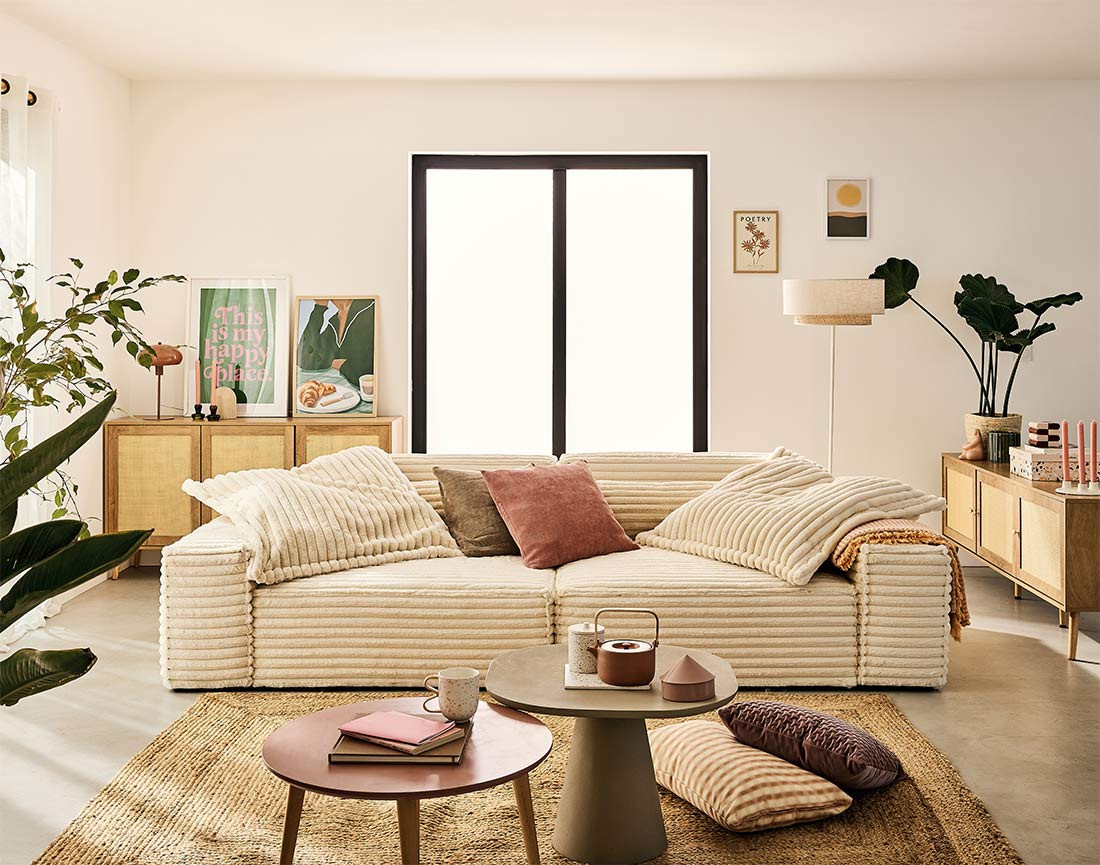 Canapé droit 3 places avec double méridienne en fausse fourrure côtelée Richie