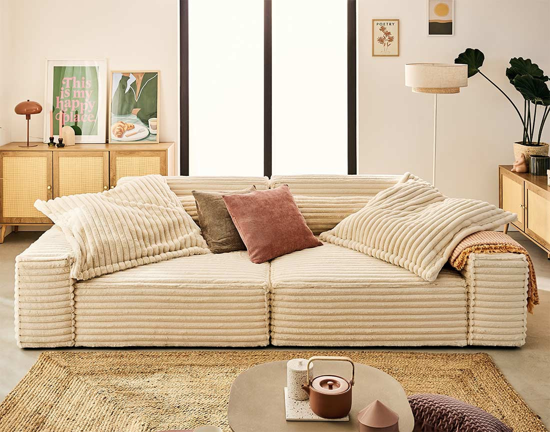 Canapé droit 3 places avec double méridienne en fausse fourrure côtelée Richie