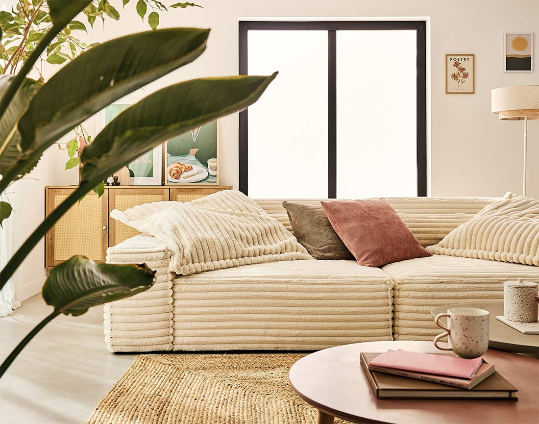 Canapé droit 3 places avec double méridienne en fausse fourrure côtelée Richie