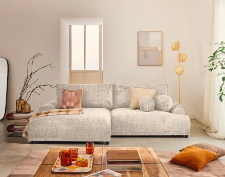 Canapé d'angle gauche 4 places convertible avec coffre en velours texturé Nelly