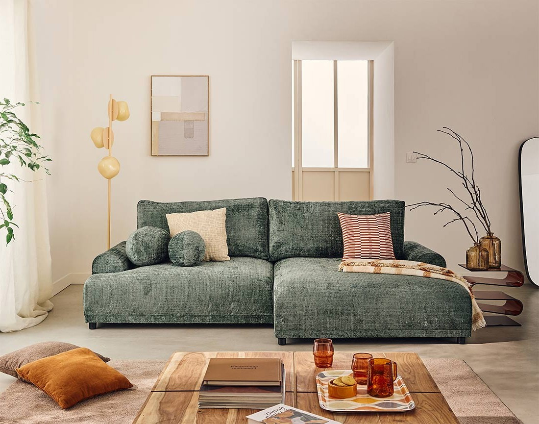 Canapé d'angle droit 4 places convertible avec coffre en velours texturé Nelly