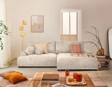 Canapé d'angle droit 4 places convertible avec coffre en velours texturé Nelly