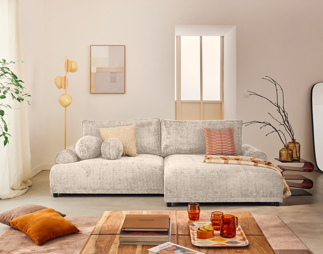 Canapé d'angle droit 4 places convertible avec coffre en velours texturé Nelly Canapé d'angle droit 4 places convertible avec coffre en velours texturé Nelly