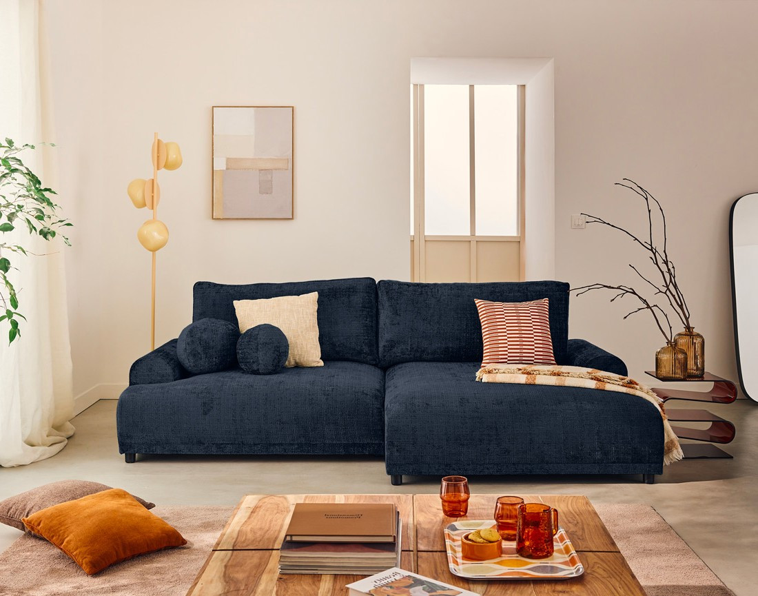 Canapé d'angle droit 4 places convertible avec coffre en velours texturé Nelly