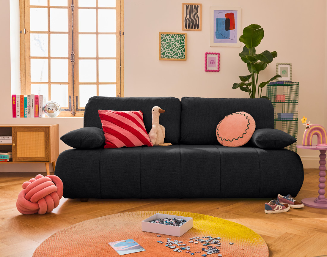 Canapé droit 3 places convertible avec coffre en tissu texturé Harper Canapé droit 3 places convertible avec coffre en tissu texturé Harper