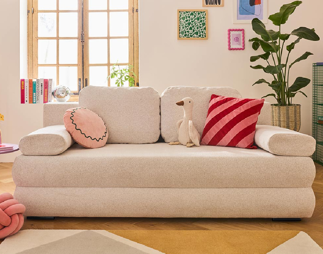 Canapé droit 3 places convertible avec coffre en tissu texturé Nora Canapé droit 3 places convertible avec coffre en tissu texturé Nora