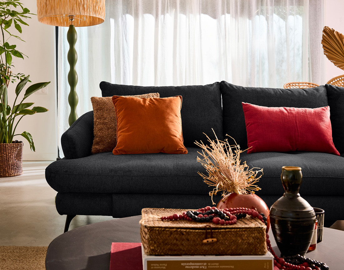 Canapé d'angle droit 4 places convertible avec coffre en tissu texturé Ninon Canapé d'angle droit 4 places convertible avec coffre en tissu texturé Ninon