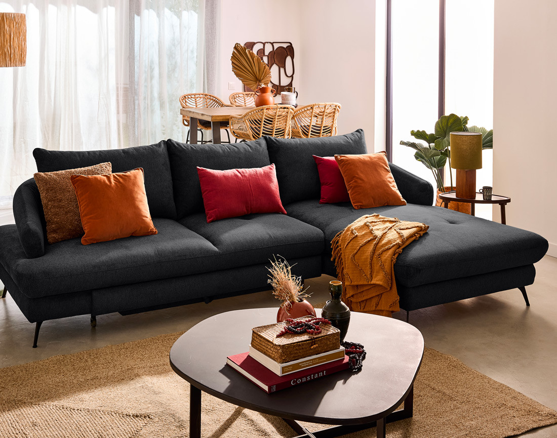 Canapé d'angle droit 4 places convertible avec coffre en tissu texturé Ninon Canapé d'angle droit 4 places convertible avec coffre en tissu texturé Ninon