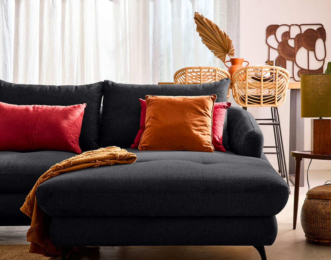 Canapé d'angle droit 4 places convertible avec coffre en tissu texturé Ninon Canapé d'angle droit 4 places convertible avec coffre en tissu texturé Ninon