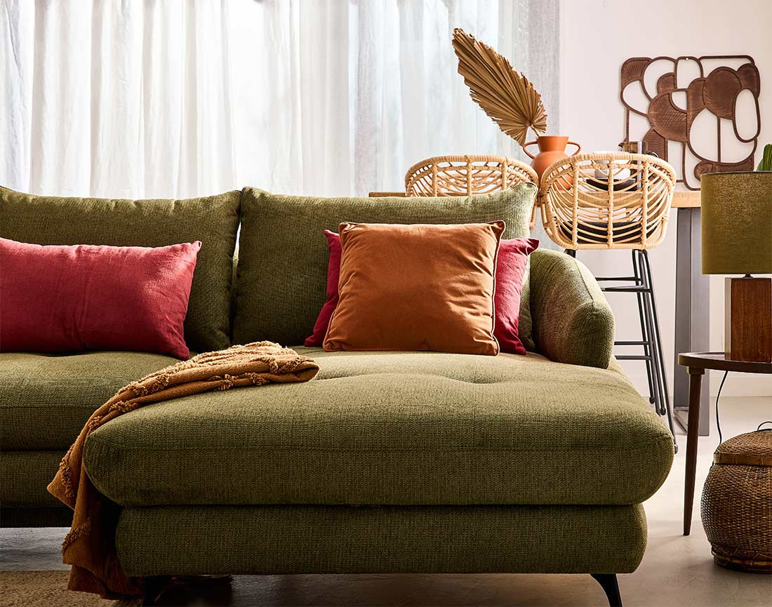 Canapé d'angle droit 4 places convertible avec coffre en tissu texturé Ninon