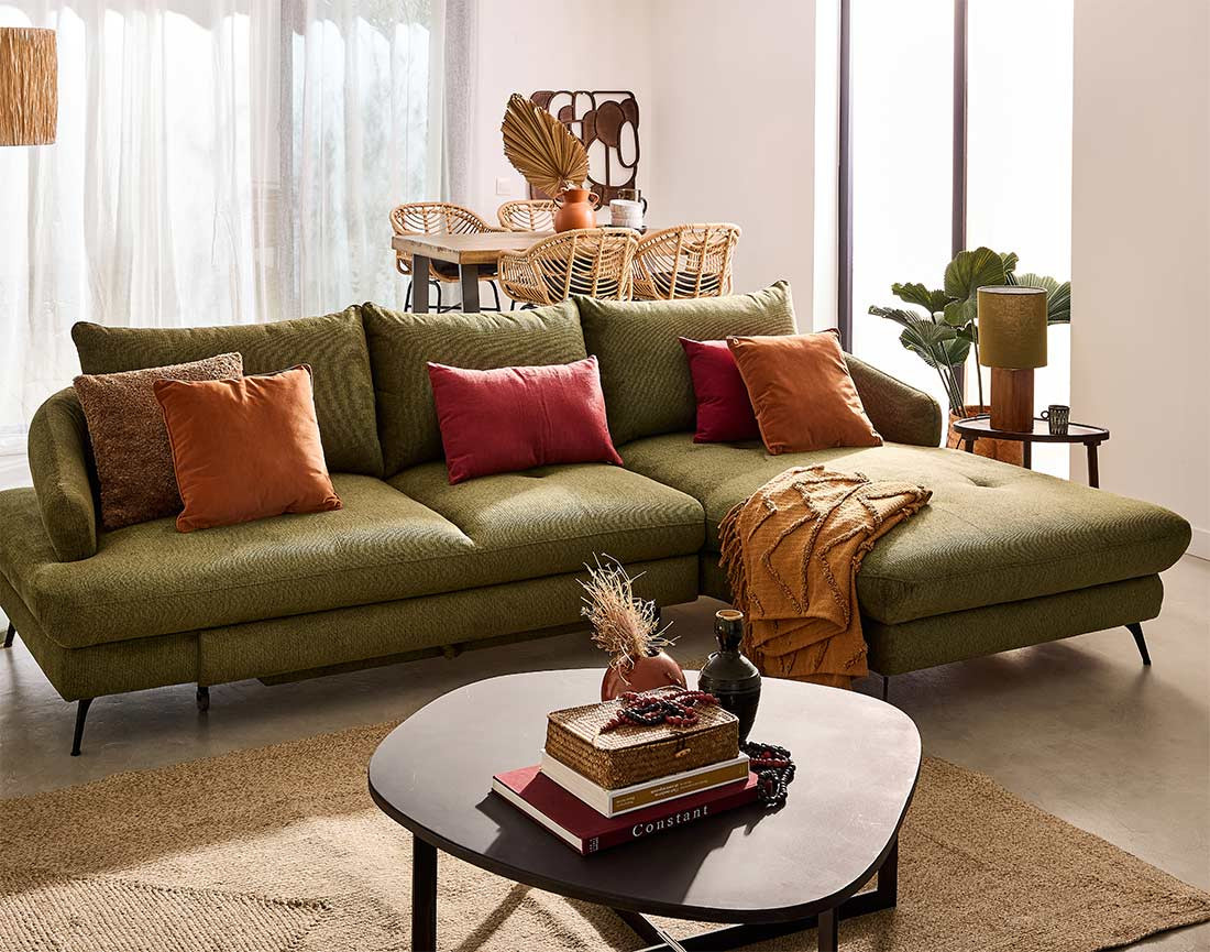 Canapé d'angle droit 4 places convertible avec coffre en tissu texturé Ninon