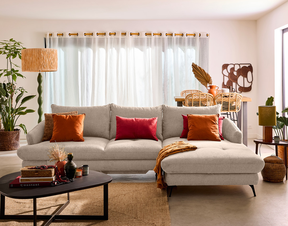 Canapé d'angle droit 4 places convertible avec coffre en tissu texturé Ninon Canapé d'angle droit 4 places convertible avec coffre en tissu texturé Ninon