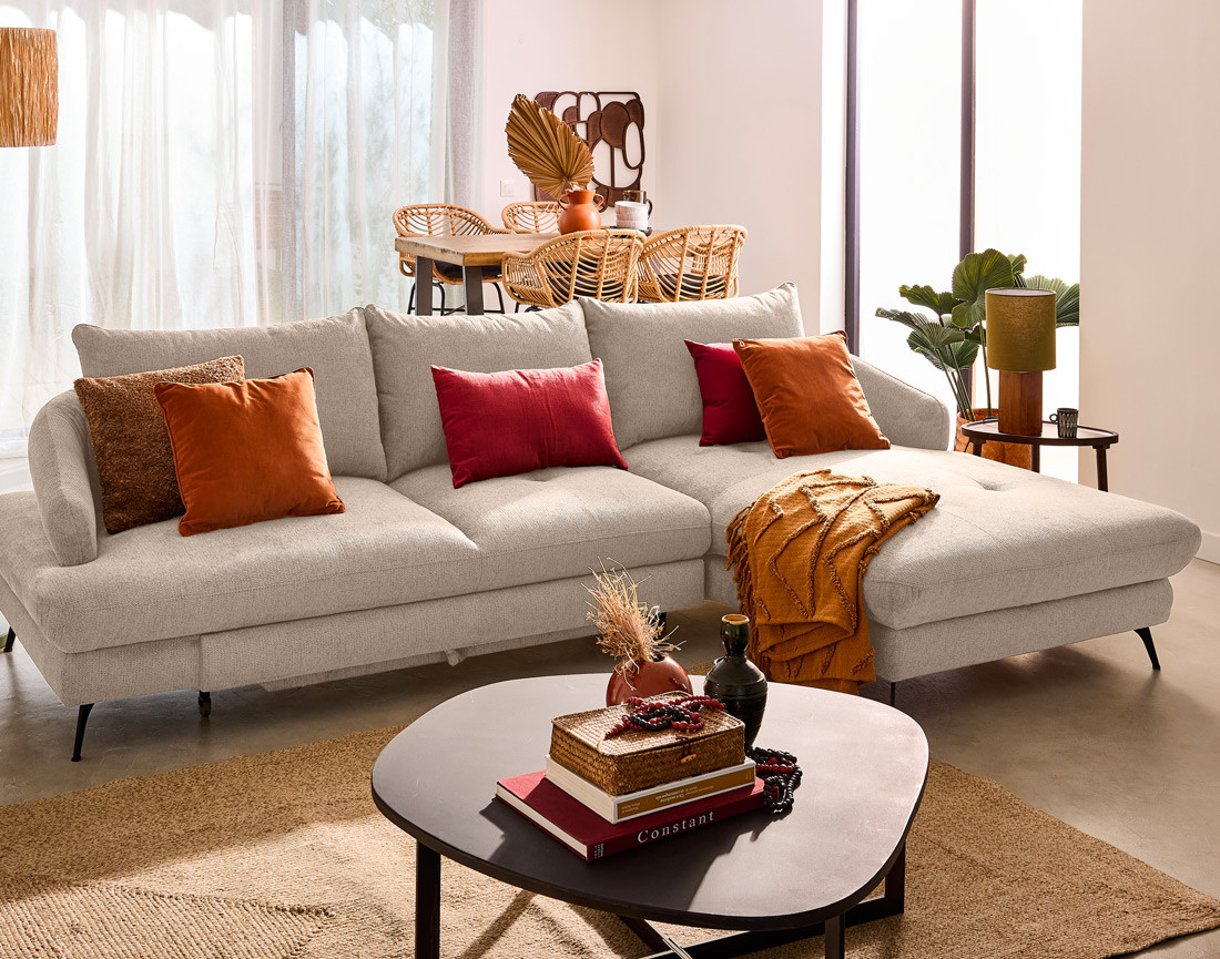 Canapé d'angle droit 4 places convertible avec coffre en tissu texturé Ninon Canapé d'angle droit 4 places convertible avec coffre en tissu texturé Ninon