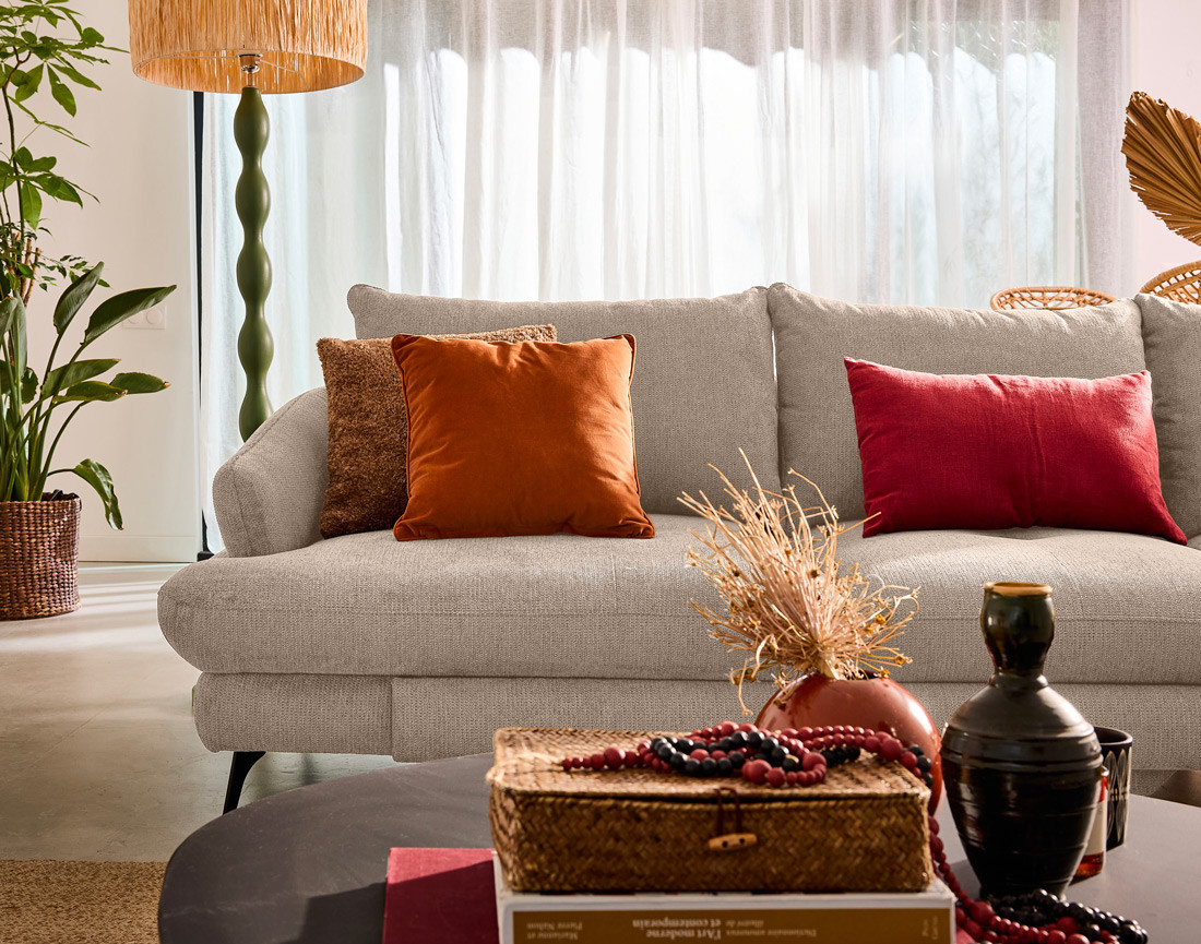 Canapé d'angle droit 4 places convertible avec coffre en tissu texturé Ninon Canapé d'angle droit 4 places convertible avec coffre en tissu texturé Ninon