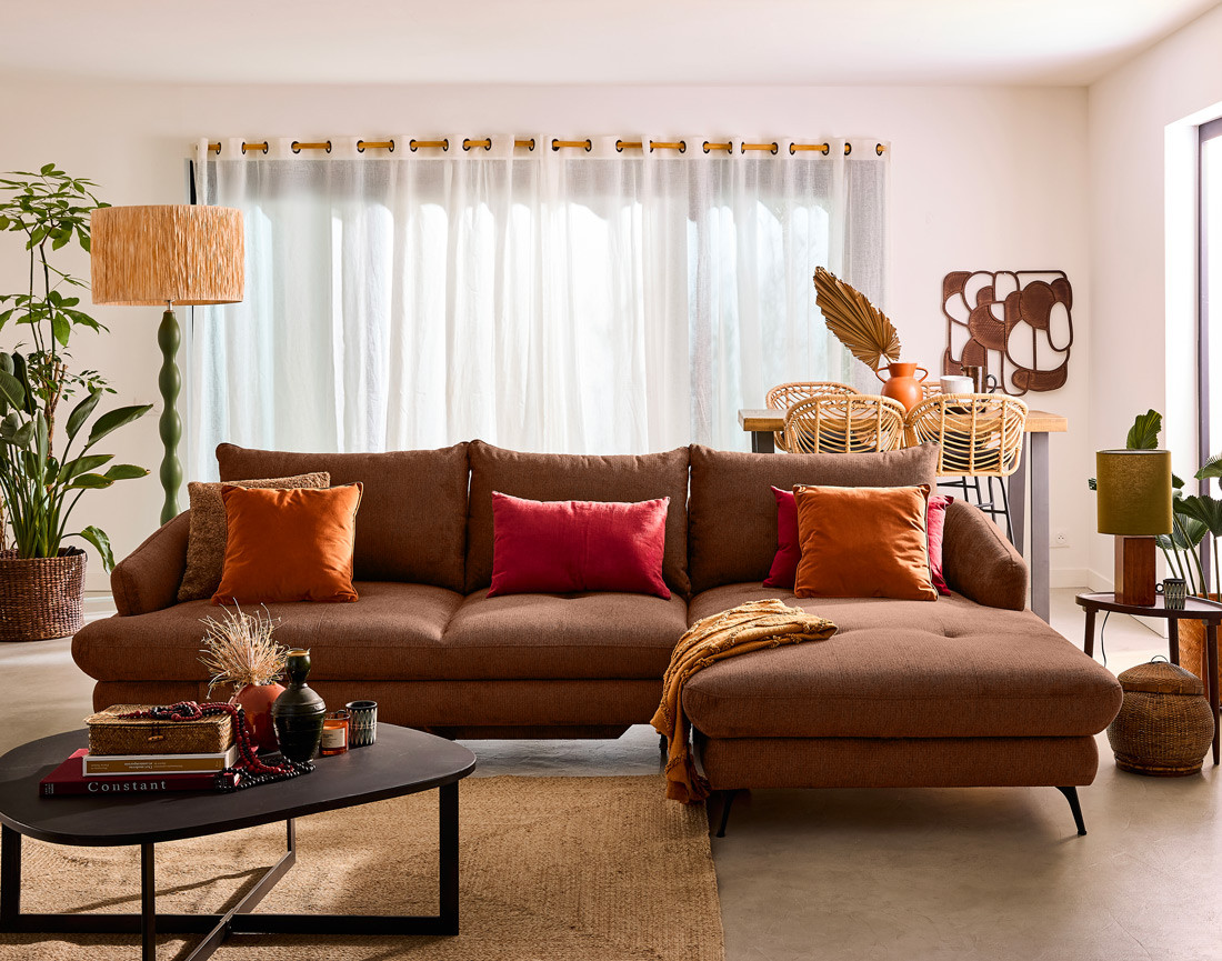 Canapé d'angle droit 4 places convertible avec coffre en tissu texturé Ninon