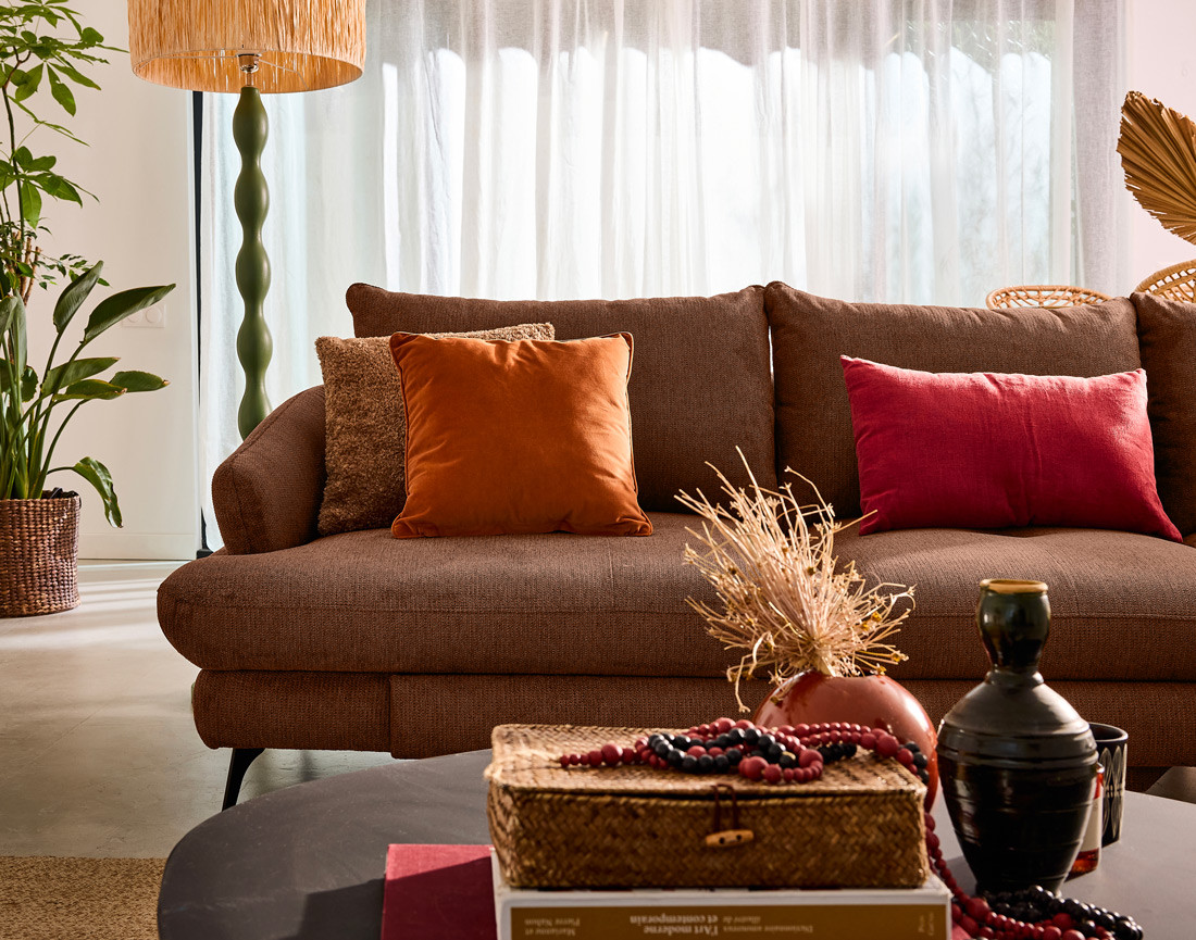 Canapé d'angle droit 4 places convertible avec coffre en tissu texturé Ninon